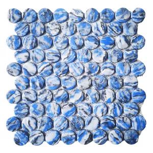 Ubin mosaik kaca bulat biru mengkilap multi Warna pelapis