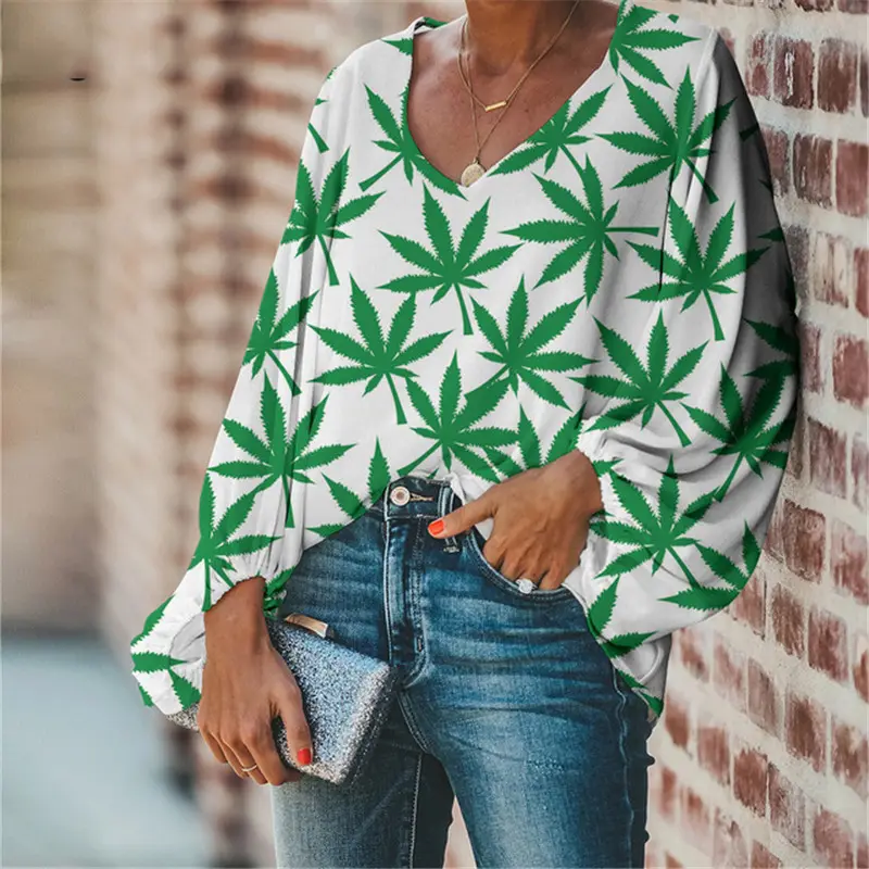 เสื้อเบลาส์แฟชั่นของผู้หญิง,เสื้อผ้าแขนยาวของผู้หญิงเสื้อเบลาส์ผ้าชีฟองพิมพ์ลายวัชพืชสีเขียวตามสั่ง