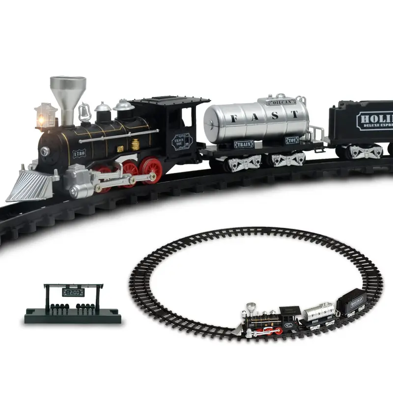 Treno del fumo 2024 impostato lungo binario con musica di suono leggero modello di treno di natale set elettrico in pista giocattoli per bambini