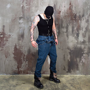 Custom Blue Stripe <strong>Baggy</strong> 100% Cotton Denim Y2K Casual Winter Patchwork Overalls Suit Mens Romper Jumpsuit Work <strong>Dungarees</strong> - Product Image 6
