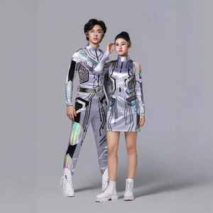 Combinaison unisexe argentée irisée Cyberpunk pour enfants, ensemble de costume de scène futuriste à imprimé circuit, pour fête robotique et technologique - Product Image 2
