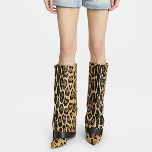 Thin High Heel Pointed Toe Overlay Denim Shoes Dress Metal Buckle Pants <b>Boots</b> Women's Folded Over Knee High Leopard Booties - Product Image 2