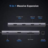 UGREEN Revodok Pro 109 USB C Hub 9 en 1 Estación de acoplamiento 10Gbps USB C 3,2 HDMI 100W Entrega de energía Lector de tarjetas SD/TF para computadora