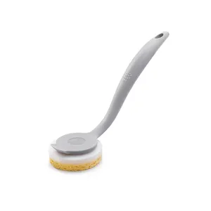 Eco friendly dish bowl pot washing cleaning dishwashing brush with wooden pulp sponge and scouring pad replaceable head