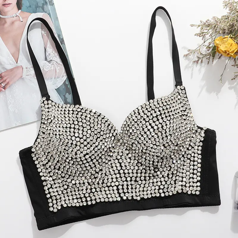 Wholesale 2022 Fashion Sexy Adjustable Bustier Plus Size Crystal Corset Rhinestone Bra Tops Camisole With Pad
