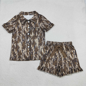 Children's Girls Casual <b>Camo</b> Bows Button Pocket Ruffle Shorts Hunting Pajamas Sets Breathable - Product Image 4