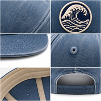 Casquette snapback vintage en denim délavé, imperméable, style sportif, petite série, avec patch tissé motif vague et étiquette personnalisée