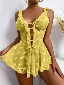 Lingerie sexy Babydoll jaune à volants pour femmes, pour la nuit de noces, avec ourlet à volants, cadeau de lune de miel - Product Image 3