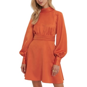 Robe élégante pour femme en satin vintage plissé au niveau du cou et de la taille, manches longues, dos ouvert avec nœud - Product Image 2