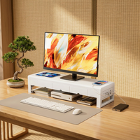 Rehausseur d'écran blanc élégant de 70 cm avec tiroirs dissimulés et station de charge tout-en-un pour ordinateur de bureau