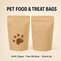 Sachet Doypack en papier kraft avec fenêtre découpée, fermeture à glissière refermable, pour friandises et snacks pour chiens et chats, avec encoche de déchirement, qualité alimentaire, en stock