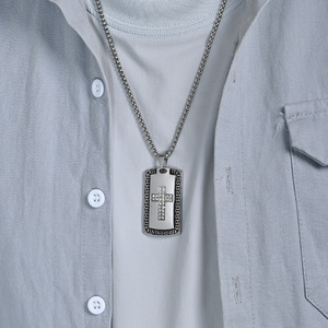 Men's Stainless Steel <b>Cross</b> Pendant Necklace With Pave Setting Diamond Inlay Geometric Design For Gift - Product Image 3