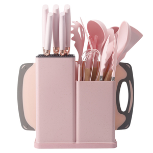 Heat Resistant 19-Piece Eco-Friendly <b>Silicone</b> Kitchen Cooking Utensils Set with Wood Hand Grip and Knife - Product Image 1