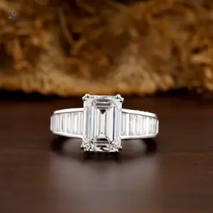 5.70 TDW Emerald,Baguette & Round Diamond Ring 18k White Gold Channel Setting/Bridge Accent Stone Cvd/Hpht Diamond Labstone