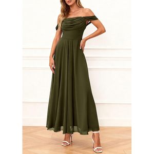 FOXA Robe longue en mousseline de soie pour femme, épaules dénudées, ligne A, élégante, pour cocktail, mariage, invitées - Product Image 3