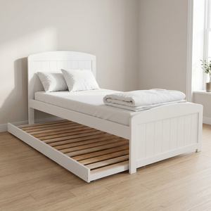 White Twin Size Platform <b>Bed</b> With Pull-Out Trundle Storage for Kids Room <b>Space</b> <b>Saving</b> Design European Style - Product Image 6
