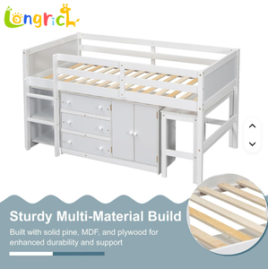 <span class=keywords><strong>Letto</strong></span> <span class=keywords><strong>a</strong></span> Soppalco Basso Bianco con Scrivania Estraibile, Cassetti e Ripiani, <span class=keywords><strong>Letto</strong></span> <span class=keywords><strong>a</strong></span> Castello per Camera dei Bambini o Soggiorno - Product Image 6