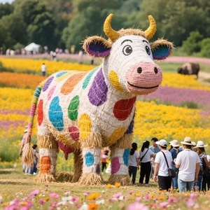 Statua Moderna a Grandezza Naturale di Contadino e Mucca, Realizzata a Mano, per Giardini, Parchi a Tema ed Eventi all'Aperto - Product Image 5