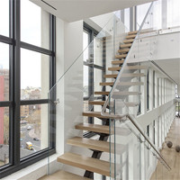 CBMMart-Escalier contemporain en bois avec design flottant, balustrade en verre sans cadre à éclairage LED caché