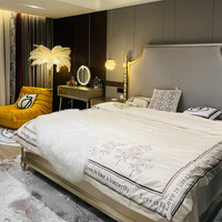 Lit mural en bois massif de style rétro américain, luxe léger, 1,8 m/1,5 m, chambre principale, lit de mariage, revêtement en cuir véritable, or champagne