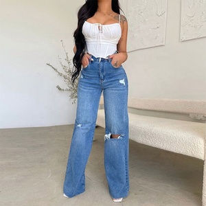 Pantalones <span class=keywords><strong>de</strong></span> pierna ancha sueltos informales con agujeros <span class=keywords><strong>rotos</strong></span> y cintura alta para <span class=keywords><strong>mujer</strong></span> al por mayor - Product Image 4