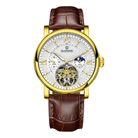 44mm Römische Ziffern Skelett Mondphase Automatische Mechanische Uhr Herren Lederarmband Leuchtend 3ATM Wasserdicht Business Armbanduhr