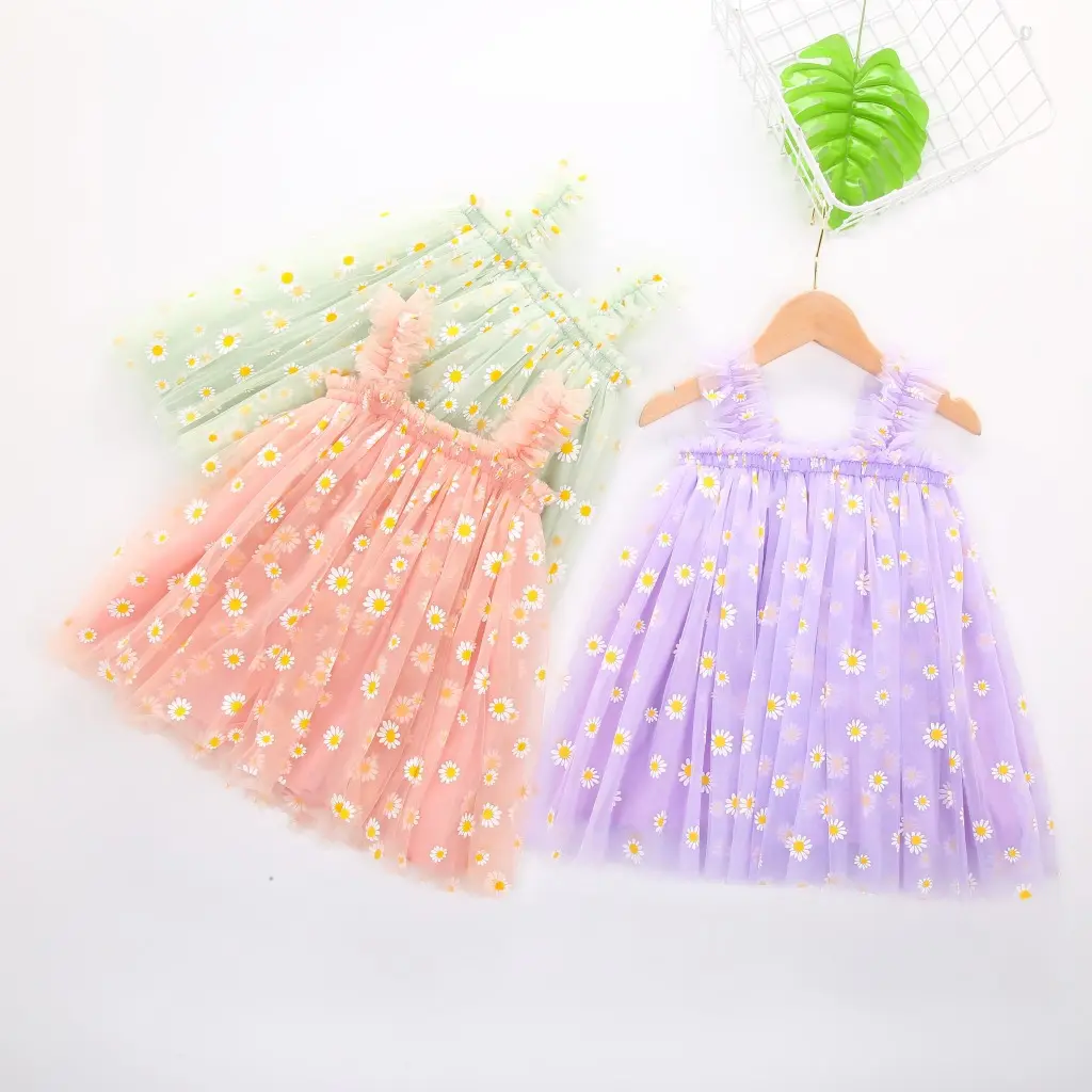 Yaz Toddler bebek çocuk kız tül elbise papatya çiçek prenses elbise plaj jartiyer parti elbiseler Vestidos kız giysileri 1-6Y