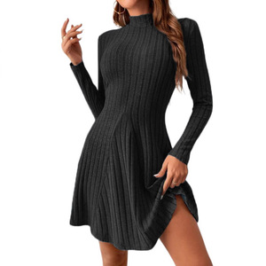 เดรสลำลองผู้หญิงแฟชั่นสีพื้นแบบริบบ์ แต่งผ้าต่อกัน ดีไซน์เซ็กซี่มีสไตล์ สำหรับฤดูใบไม้ร่วง/ฤดูหนาว - Product Image 4