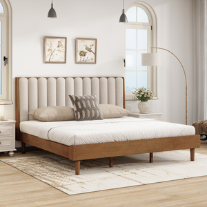 King Size Solid Wood <b>Bed</b> with Piano Key Upholstered Headboard Durable <b>Pine</b> <b>Frame</b> Wheat Finish Modern Bedroom Furniture - Product Image 3