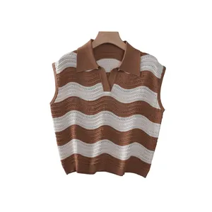 New Vintage Wavy Stripes Against Color Women Kint Vest Summer Casual Polo Neck Sleeveless Women's Vest Sweater