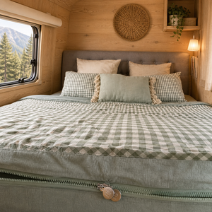 Couette tout-<span class=keywords><strong>en</strong></span>-un <span class=keywords><strong>en</strong></span> coton biologique pour camping-car, motif gingham vert, drap-housse à <span class=keywords><strong>double</strong></span> fermeture éclair, certifiée OEKO-TEX - Product Image 1