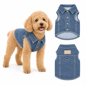 Chaleco vaquero sin mangas con solapa para perro, ropa para mascotas OEM, chaleco personalizado con broche metálico y anilla en D para cachorros pequeños y medianos - Product Image 1