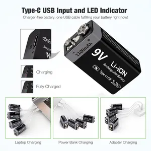 PP3 1100mAH 6F22 Type-c USB 9v batterie lithium-ion rechargeable