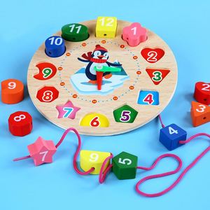 Horloge numérique en bois en forme de pingouin, réveil éducatif pour enfants, blocs de construction perlés, jouet stéréo pour bébé, puzzle de correspondance de formes - Product Image 4