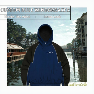 Chaqueta Cortavientos Azul Unisex con Capucha y Logotipo Personalizado Bordado, Diseño Retro Deportivo Vintage, Corte Holgado y Oversize - Product Image 2