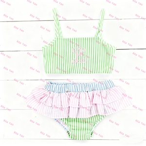 Costume da bagno personalizzato bambino bambina intero costume da bagno con volant bambina piccola Lime blu Seersucker costumi da bagno - Product Image 3