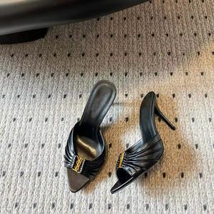 Sandalias de tacón de aguja de microfibra con bordado de cuero para mujer, de caña alta, sexy, para club, de verano, con punta abierta, sin cordones, para exterior, tendencia de moda - Product Image 2