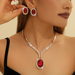 European and American Hot Sale Gold Zinc Alloy Inlaid <b>White</b> Rhinestone Red Crystal Necklace Earrings Set Women Jewelry - Product Image 1