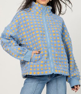 Giacca Sherpa Personalizzata da <span class=keywords><strong>Donna</strong></span> Blu e Gialla a Quadri Testurizzati, con Zip Intera, Collo Alto e Orlo con Coulisse - Produttore - Product Image 1