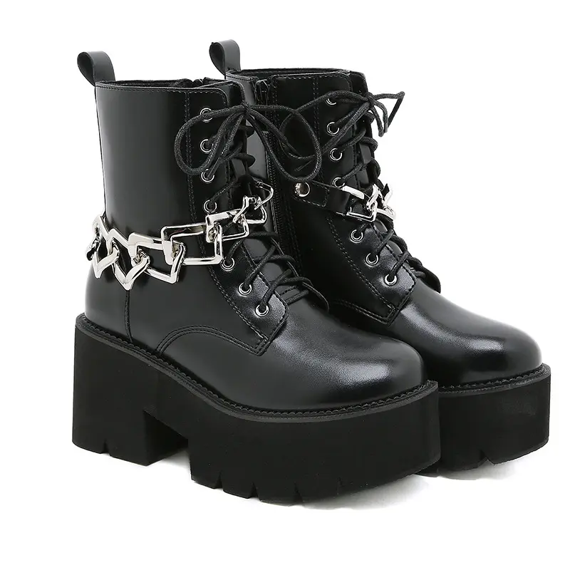 Fall/Winter Women's Ankle Booties with Detachable Metal Chains Side Zipper Front Lace-up Shoes