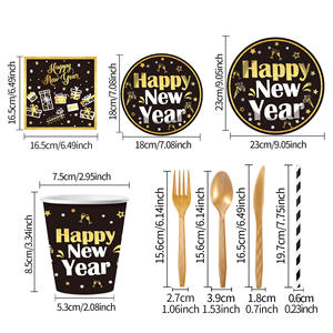 Suministros para Fiesta <span class=keywords><strong>de</strong></span> Nochevieja, Juego <span class=keywords><strong>de</strong></span> Vajilla Desechable <span class=keywords><strong>de</strong></span> Papel Negro y Dorado, Incluye Platos, Servilletas y Manteles - Product Image 4