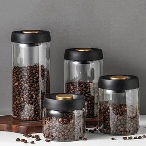 Tapa negra de vidrio vacío con logotipo personalizado, frasco de almacenamiento de granos de café de vidrio transparente de alta borosilicato, sellada, precio de fábrica, venta al por mayor