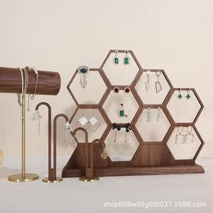 Creative Wooden Jewelry Display Rack Hexagonal Earring Necklace <b>Organizer</b> Solid Wood <b>Desktop</b> Storage Stand Retro Color 5 Layers - Product Image 2