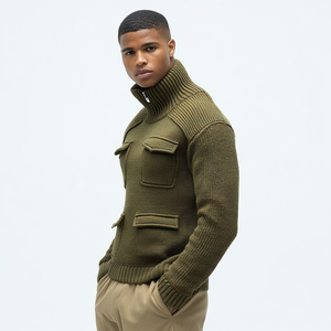 Olive Green Turtleneck Sweater Men Chest Pocket Detail Military Style Ribbed Knit <strong>Pullover</strong> - Product Image 2