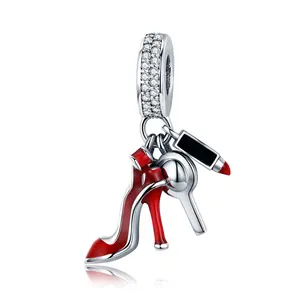 925 Sterling Silver Enamel Liontin Fit Asli Gelang Hadiah Natal Perhiasan Seksi Merah Lipstik High Heels Wanita Make Up Charm