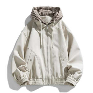 <b>Men</b> Washed Hooded Bomber Jacket Front Zipper Loose Fit Casual Waterproof Streetwear Geometric Outerwear for Spring Autumn - Product Image 1
