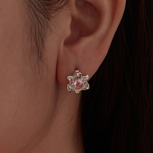 Pendientes de plata con forma de flor y cristales rosas con engaste de garra para mujer, estilo romántico - Product Image 5