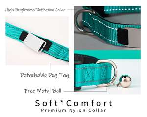 Collar reflectante de color verde azulado para perro, correa personalizada, collar ajustable para gato con cinta personalizada, placa de metal grabada, campana gratuita, diseño único - Product Image 5