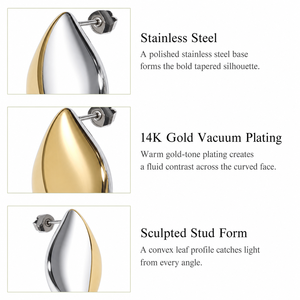 Boucles d'oreilles clous feuille bicolores en zircon, acier inoxydable plaqué or 14 carats, bijoux sculpturaux marquise pour femme - Product Image 2