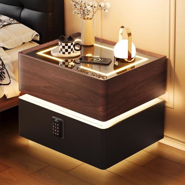Modern Smart Bedside Table Featuring Built-in Sensor-activated Lighting Strips, a Bluetooth Speaker and Wireless Charging